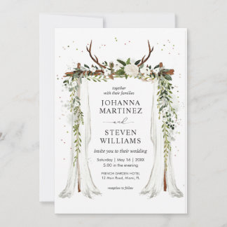 Invitation Fleurs Vertes Blanches Cerf Ramure Chapiteau Maria
