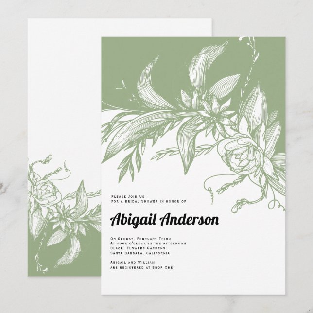 Invitation Fleurs vertes et blanches Sage mariage douche nupt (Devant / Derrière)
