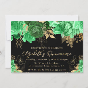 Invitation Fleurs Vertes et Dorées à l'Aquarelle pour Quincea
