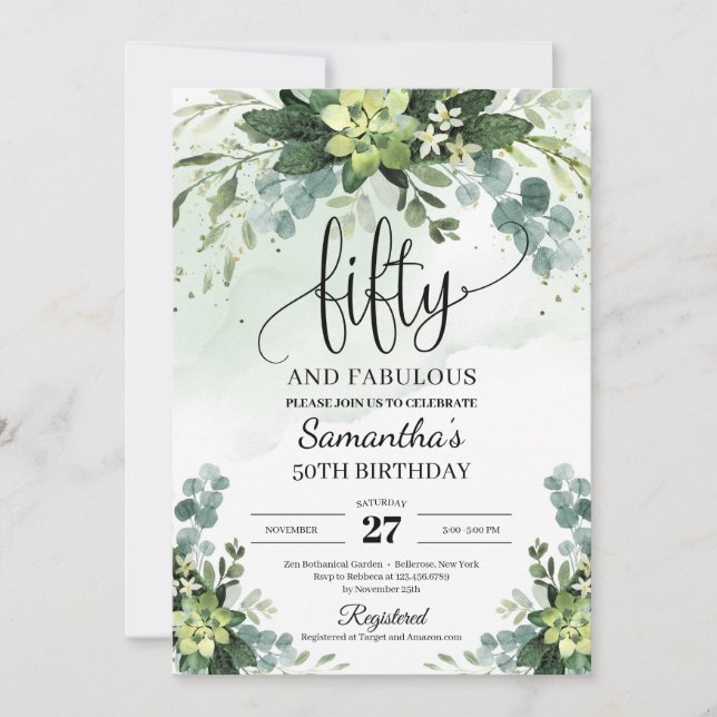 Invitation Fleurs vertes succulentes feuilles 50e anniversair (Devant)