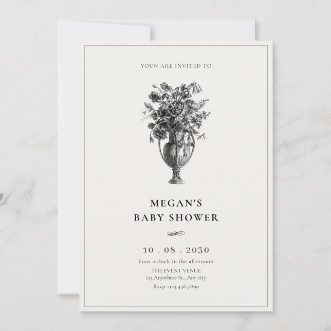 Invitation Fleurs vintages dans le baby shower antique vase (Devant)