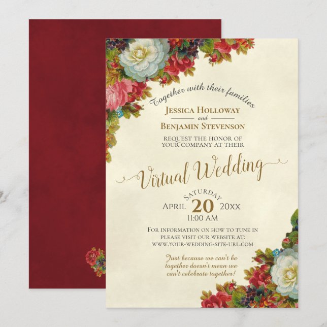 Invitation Fleurs vintages d'automne ivoire et or Mariage vir (Devant / Derrière)