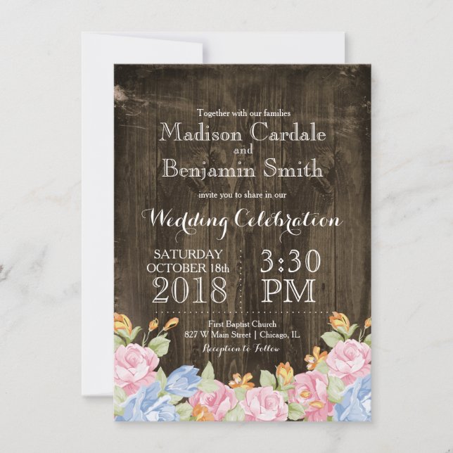 Invitation Fleurs vintages Grange rustique Mariage en bois In (Devant)