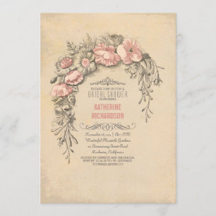 Invitation Fleurs vintages roses chic vieille douche nuptiale