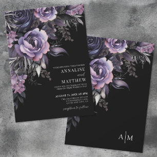 Invitation Fleurs Violet Foncé Mariage Noir