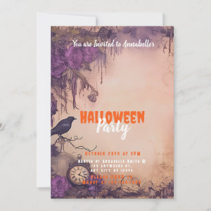Invitation Fleurs Violettes Antiques Oiseaux Noirs Fête d'Hal