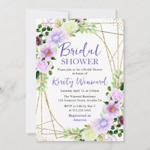 Invitation Fleurs Violettes Cadre Doré Baby Shower de Mariage