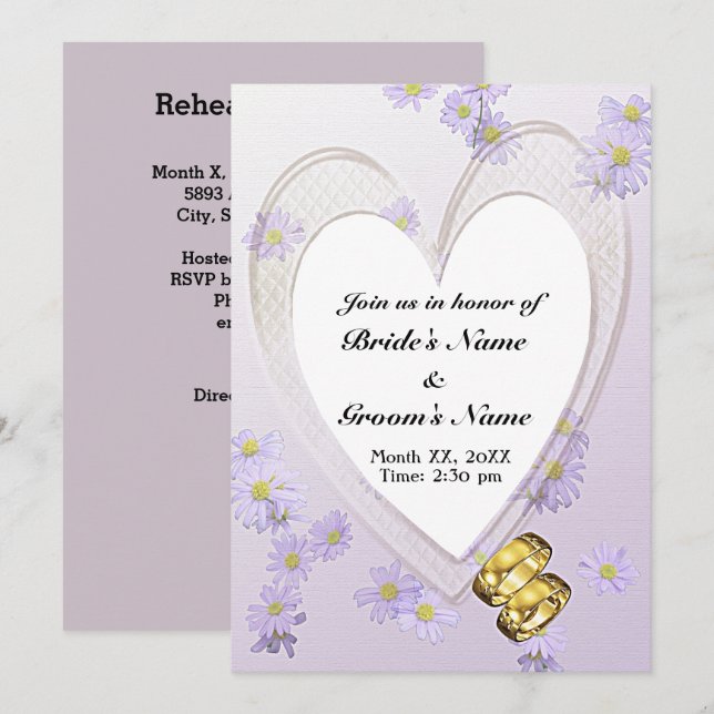 Invitation Fleurs violettes, Coeur, Anneaux, Dîner De Répétit (Devant / Derrière)