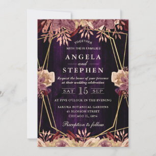 Invitation Fleurs violettes d'automne rustiques cadre doré ma