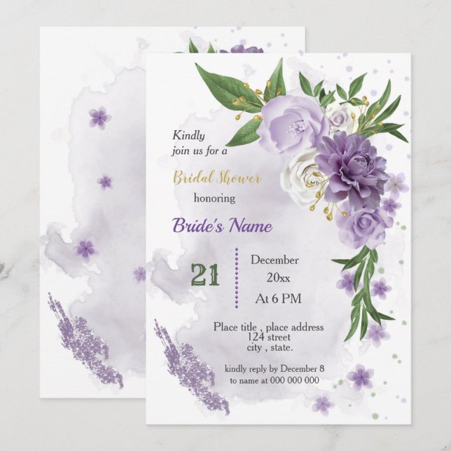 Invitation fleurs violettes & douche feuille verte (Devant / Derrière)