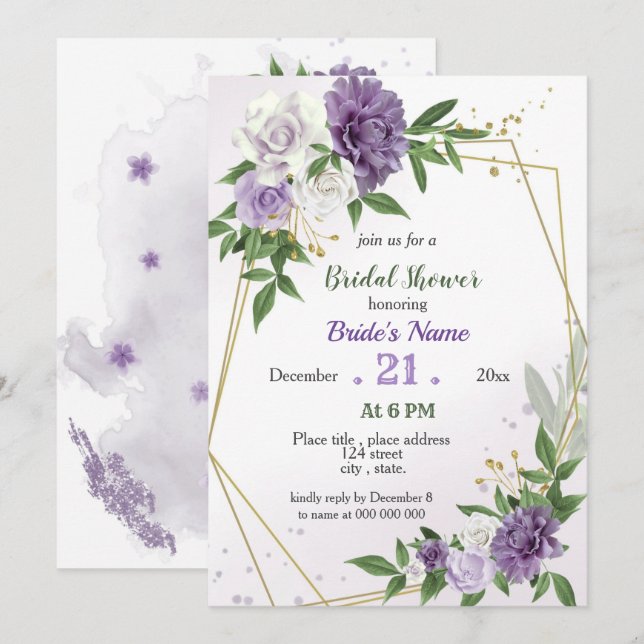 Invitation fleurs violettes & douche nuptiale feuille géométr (Devant / Derrière)