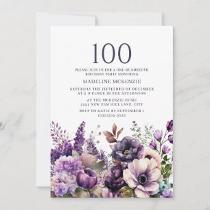 Invitation Fleurs Violettes Élégantes 100e Anniversaire