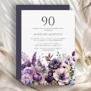Invitation Fleurs Violettes Élégantes Anniversaire Adulte 90