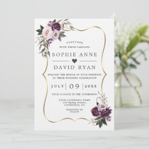 Invitation Fleurs violettes en or tout en un Mariage