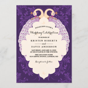 Invitation Fleurs violettes et cadre avec mariage paon