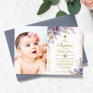 Invitation Fleurs violettes et cadre d'or Photo Girl Baptême