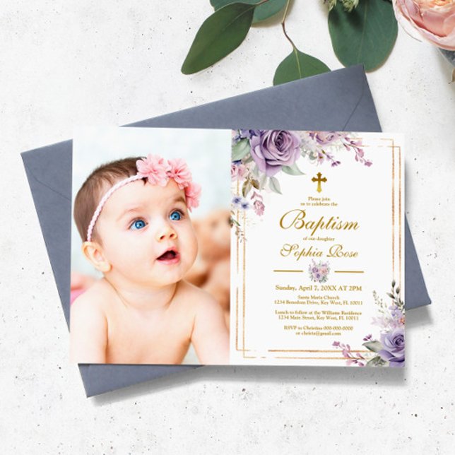 Invitation Fleurs violettes et cadre d'or Photo Girl Baptême (Créateur téléchargé)