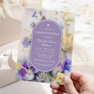 Invitation Fleurs violettes et jaunes rustiques Christening