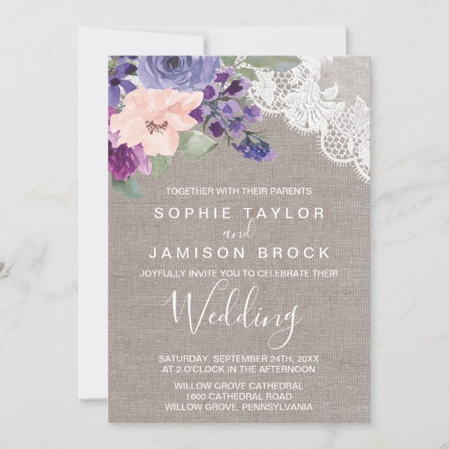 Invitation Fleurs violettes et Mariage dentelle (Devant)