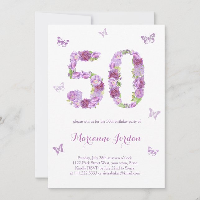 Invitation Fleurs violettes et papillons 50e anniversaire fêt (Devant)