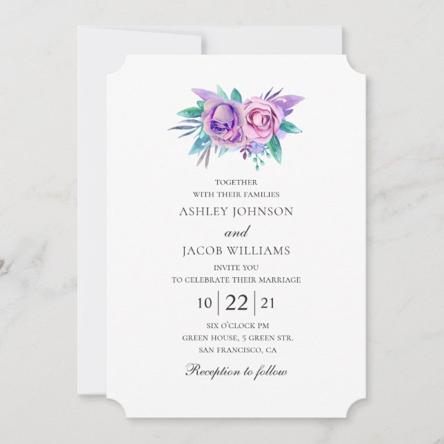 Invitation Fleurs violettes et roses. Mariage floral aquarell (Devant)