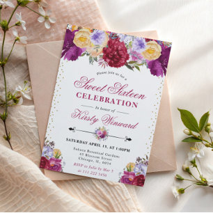Invitation Fleurs Violettes et Rouges d'Été Sweet Sixteen
