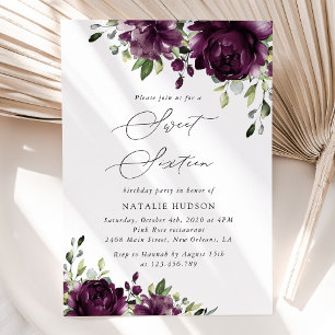 Invitation Fleurs violettes, Fleurs de prune, Boho, Sweet 16