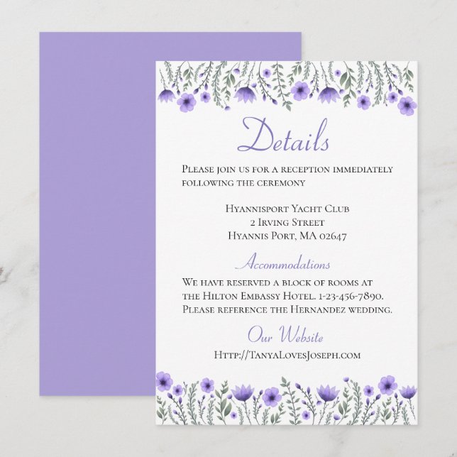 Invitation Fleurs Violettes Florales Détails Directions Maria (Devant / Derrière)