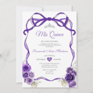 Invitation Fleurs violettes foncées Bow Ribbon Argent Mis Qui