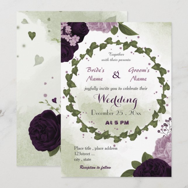 Invitation fleurs violettes foncées et claires mariage (Devant / Derrière)