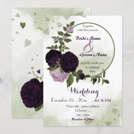 Invitation fleurs violettes foncées vert mariage de couronne