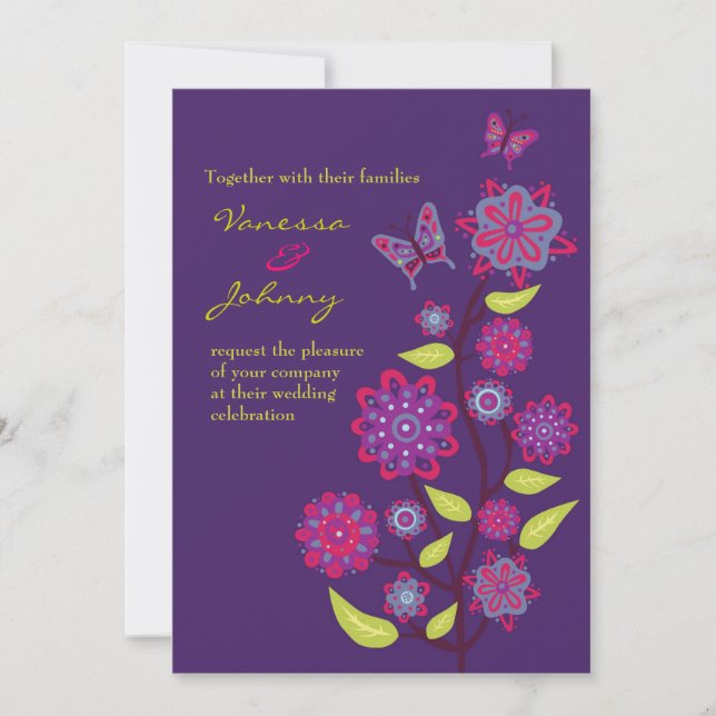 Invitation Fleurs violettes funky Mariage (Devant)