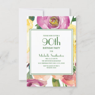 Invitation Fleurs violettes jaunes roses 90e anniversaire