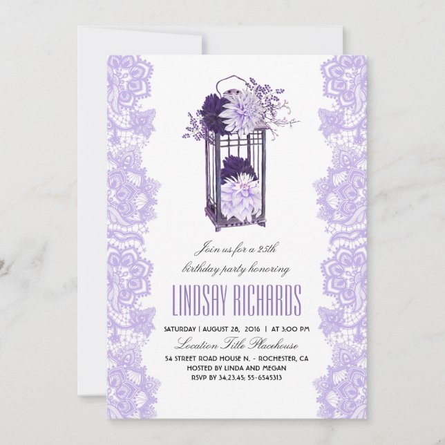 Invitation Fleurs violettes lavande lanterne fête d'anniversa (Devant)