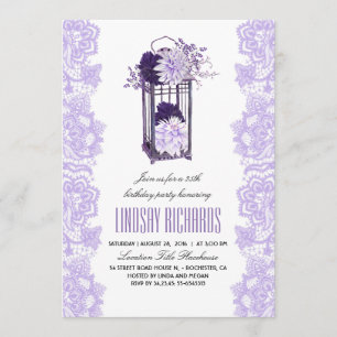 Invitation Fleurs violettes lavande lanterne fête d'anniversa