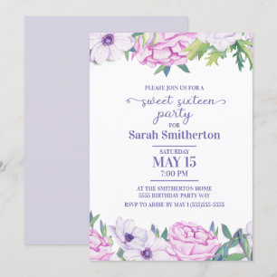 Invitation Fleurs violettes Lilac Sweet sixteen fête d'annive