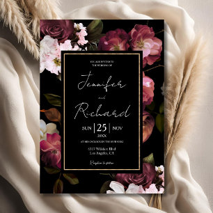 Invitation Fleurs violettes Mariage foncé Moody Élégant Noir