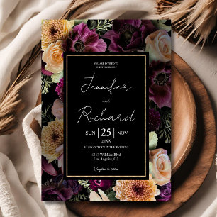 Invitation Fleurs violettes Mariage foncé Moody Gold Noir
