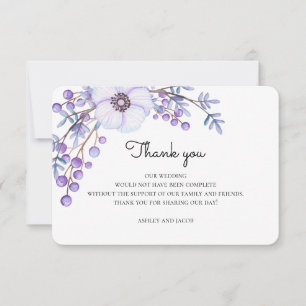 Invitation Fleurs violettes merci. Note de mariage botanique