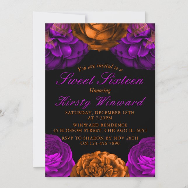 Invitation Fleurs violettes orange Halloween Sweet 16 (Devant)