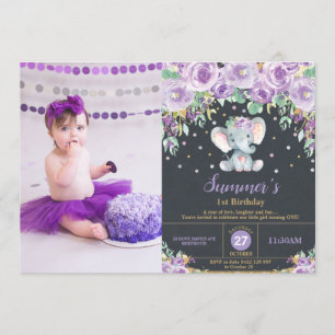 Invitation Fleurs violettes photo de l'éléphant 1er anniversa