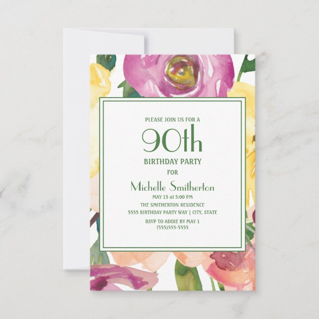 Invitation Fleurs violettes rose jaune 90e anniversaire (Devant)