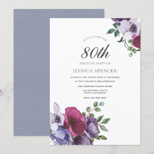 Invitation Fleurs violettes roses Aquarelle 80e anniversaire