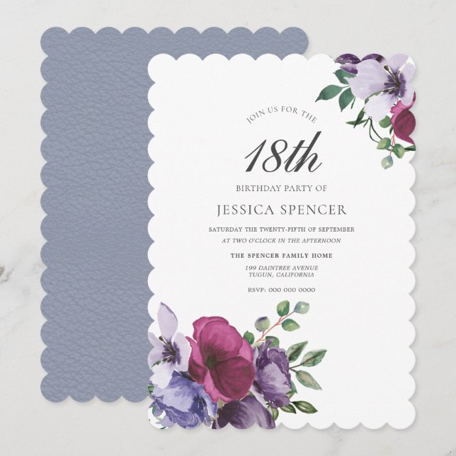 Invitation Fleurs violettes roses Filles 18ème anniversaire (Devant / Derrière)