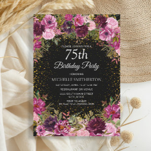 Invitation Fleurs violettes roses Paillettes Noir 75e anniver