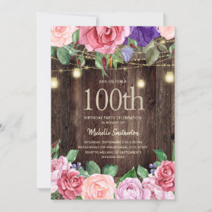 Invitation Fleurs violettes roses rustiques Lumières à cordes