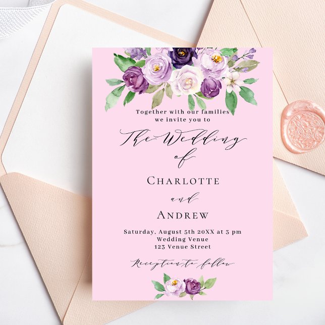 Invitation Fleurs violettes roses verdure mariage script (Créateur téléchargé)