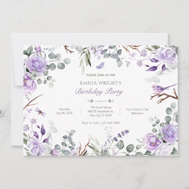 Invitation Fleurs violettes rousse anniversaire (Devant)