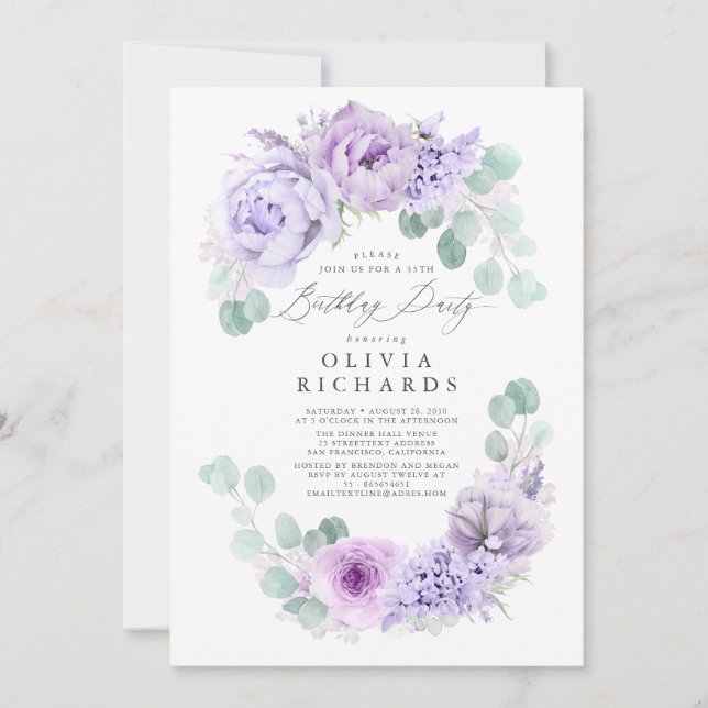 Invitation Fleurs violettes rousses pâles fête d'anniversaire (Devant)