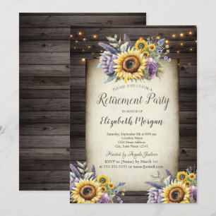 Invitation Fleurs violettes Tournesols Bois marron Retraite